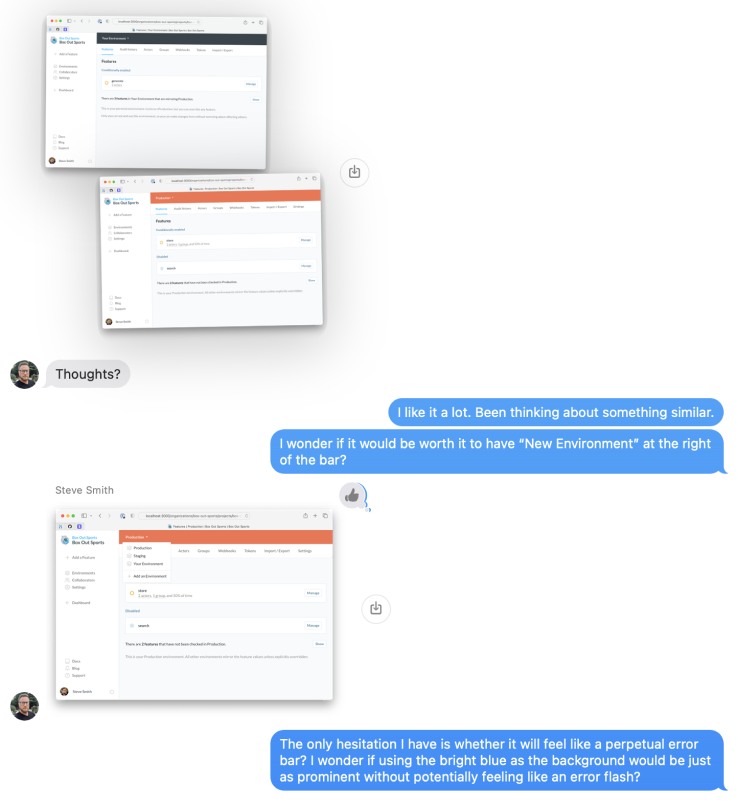 A screenshot of a group message thread that shows screenshots of how different environments can have different color headers. In this example, production is a bright red, but it looks too much like an error. So we agreed to explore toning it down. 