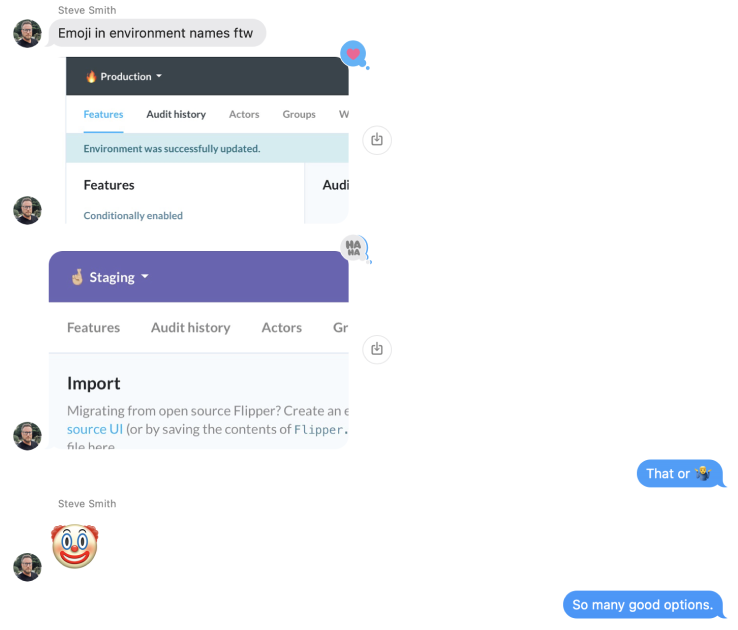 A screenshot of a group message thread showing examples of a production and staging environment bar. The production bar has a fire emoji next to it, and staging has a crossed fingers emoji.
