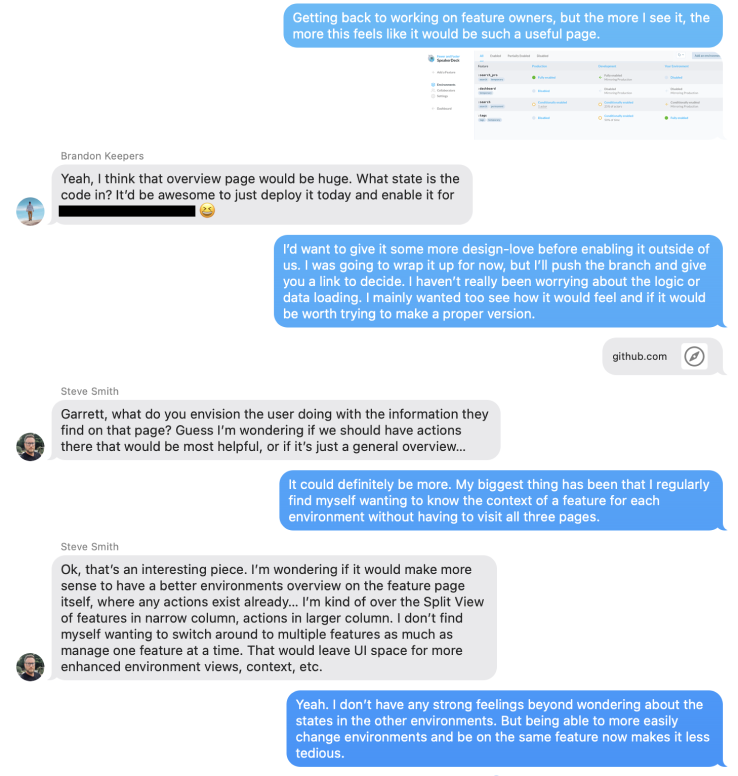 A screenshot of a message thread where Brandon is ready to ship the rough prototype but Steve pushes back so has the context of what we're trying to achieve. 