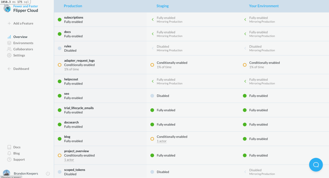 A slightly-evolved screenshot based on the previous prototype screenshots, but Brandon merged the feature label and production environment column since production is the primary environment for all features.