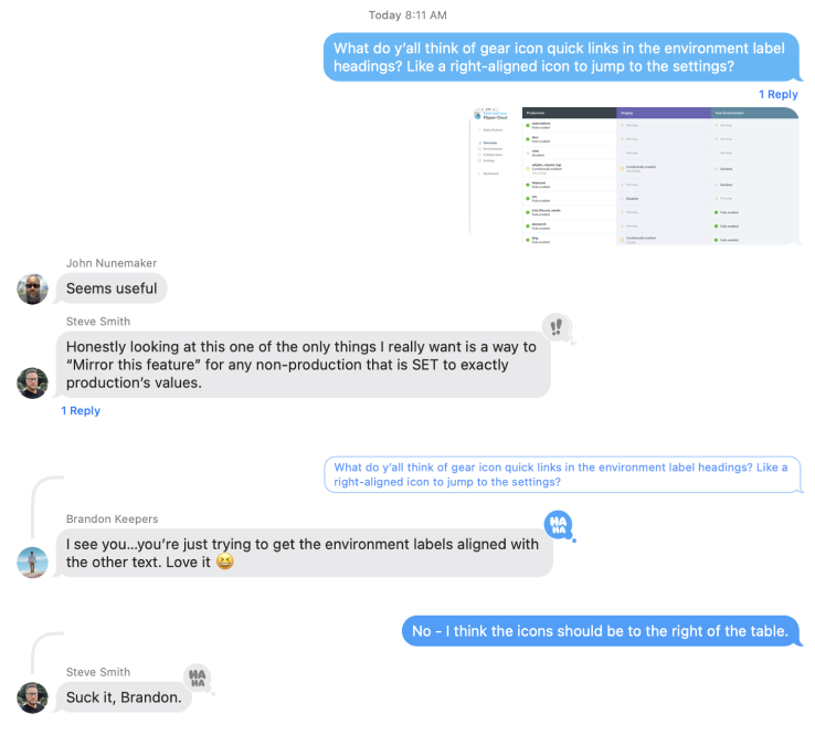 A screenshot of a group message discussing possibilities for making the page more actionable so it's less of purely information-drive report.