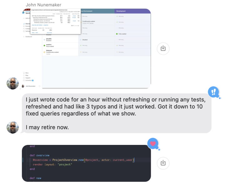 A screenshot of a group message with John showing us how much faster the page load is despite collecting a lot of data to display.