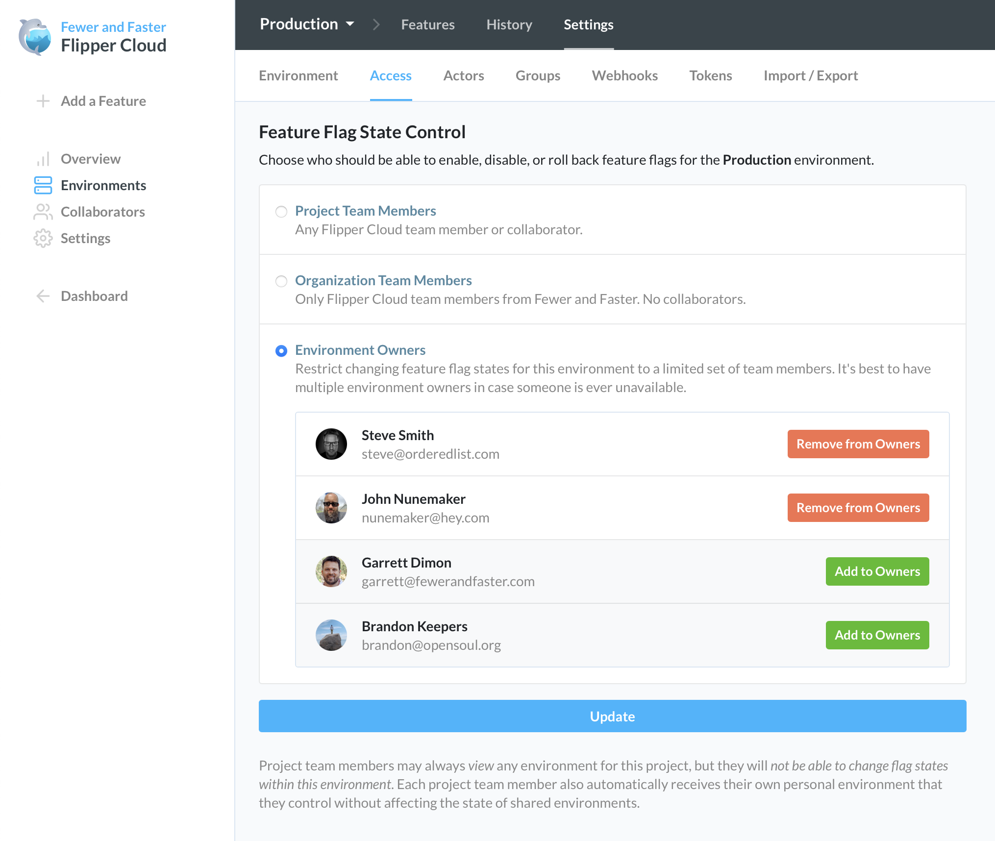 A screenshot of the Environment Access settings page presenting three options for restricting feature flag control for the environment. 1. Project Team Members, 2. Organization Team Members, and 3. Environment Owners. Environment owners is the selected option and shows which team members have been assigned below the option.