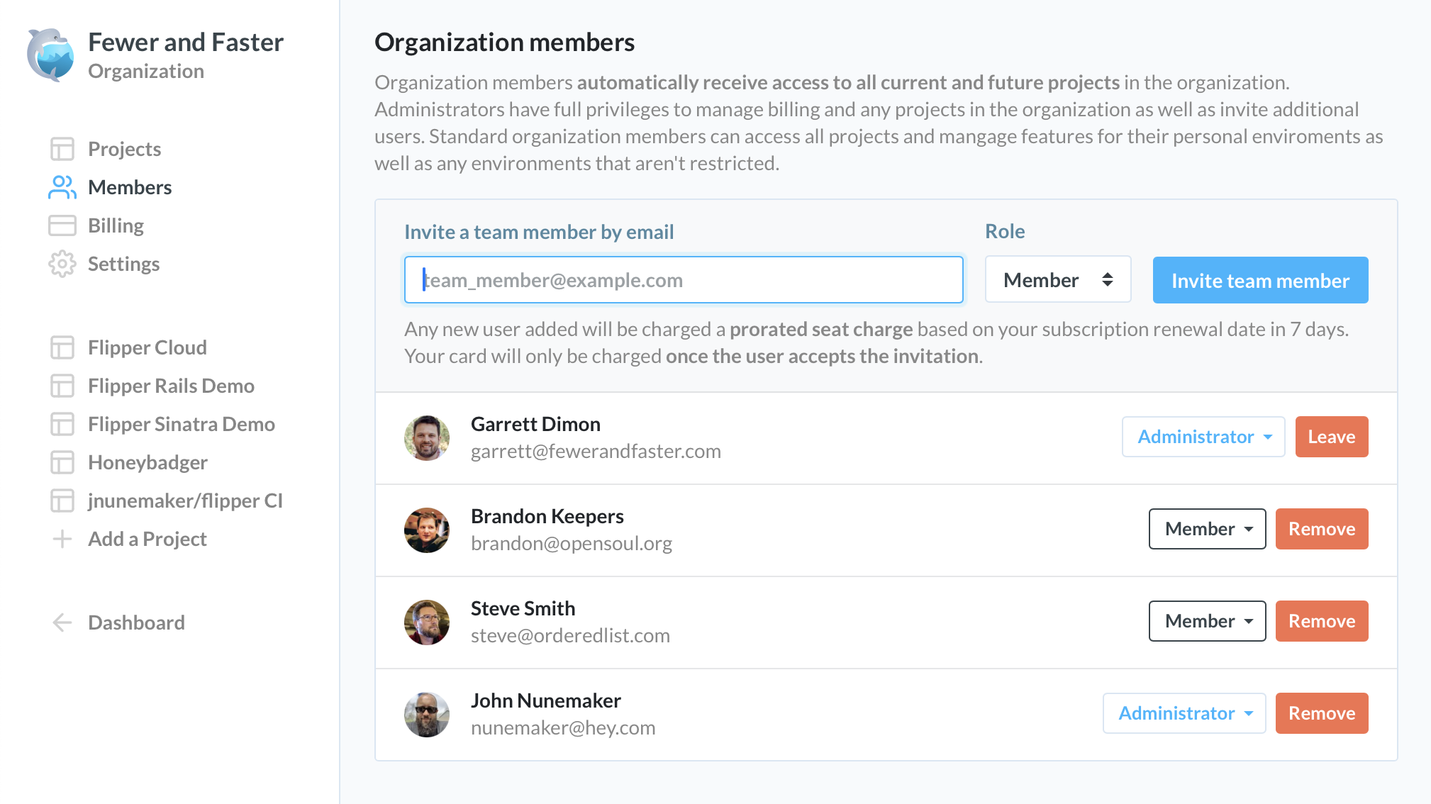 A screenshot of the organization members page with an invitation form at the top with an option to select the role.