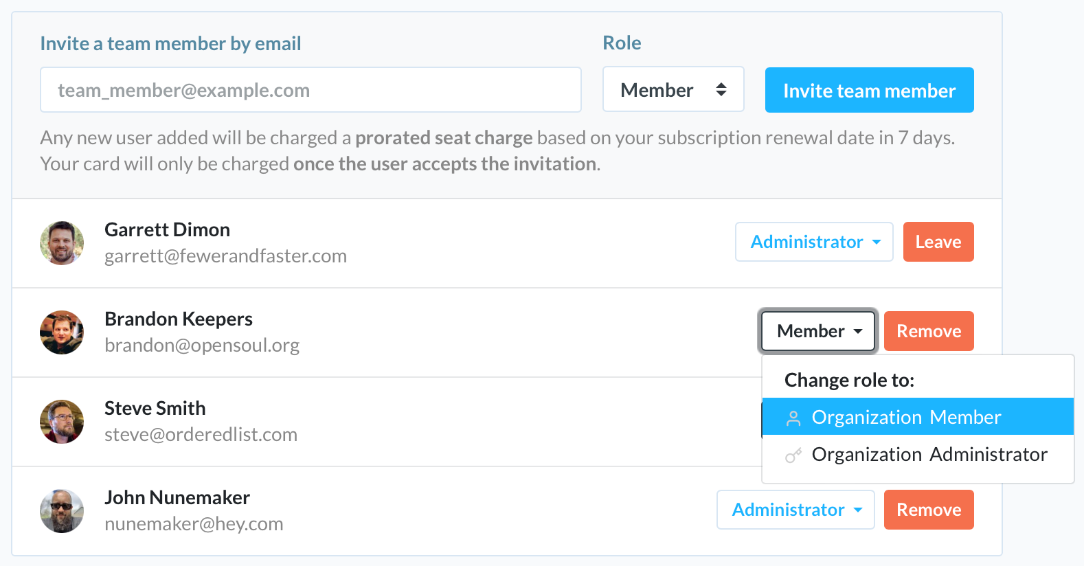 A screenshot of changing an organization's member role with options for "Organization Member" and "Organization Administrator"