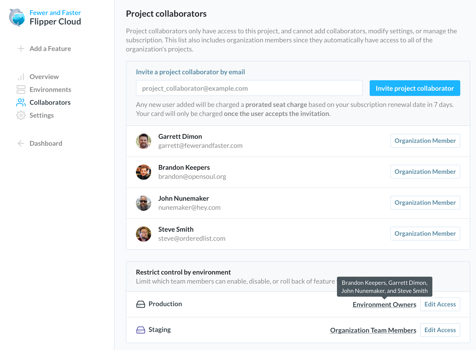A screenshot of the project collaborators page in Flipper. Below the list of team members, a block shows the list of shared environments and which team members can control flags for that environment along with a link to edit the access controls.