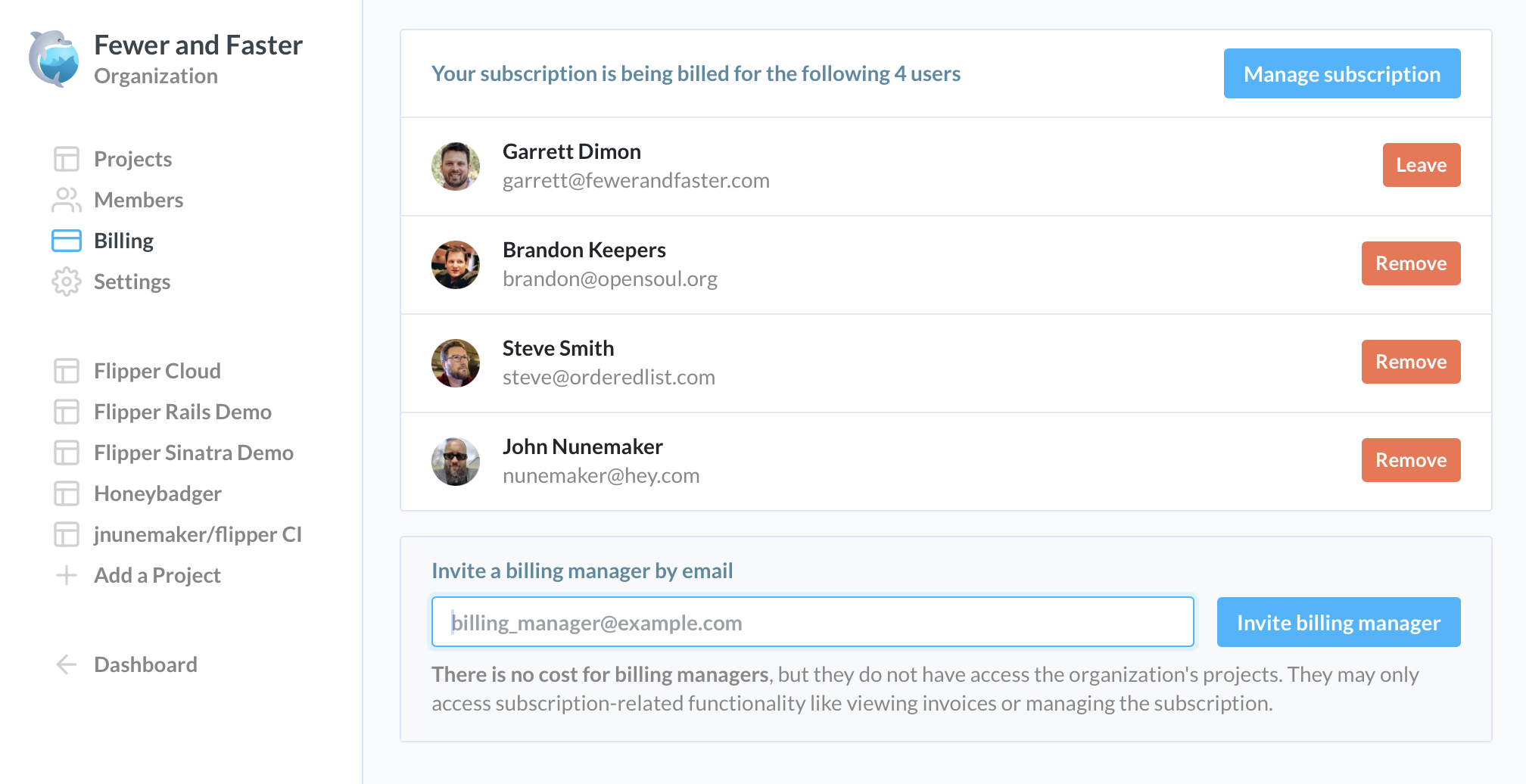 A screenshot of an organization billing page with a list of billable users and an email form below that for inviting no-cost billing managers.